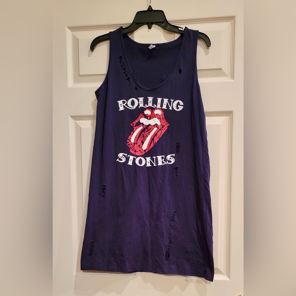 Rolling Stones Black Distressed Tank Dress Features Iconic Red Tongue & Lips.
